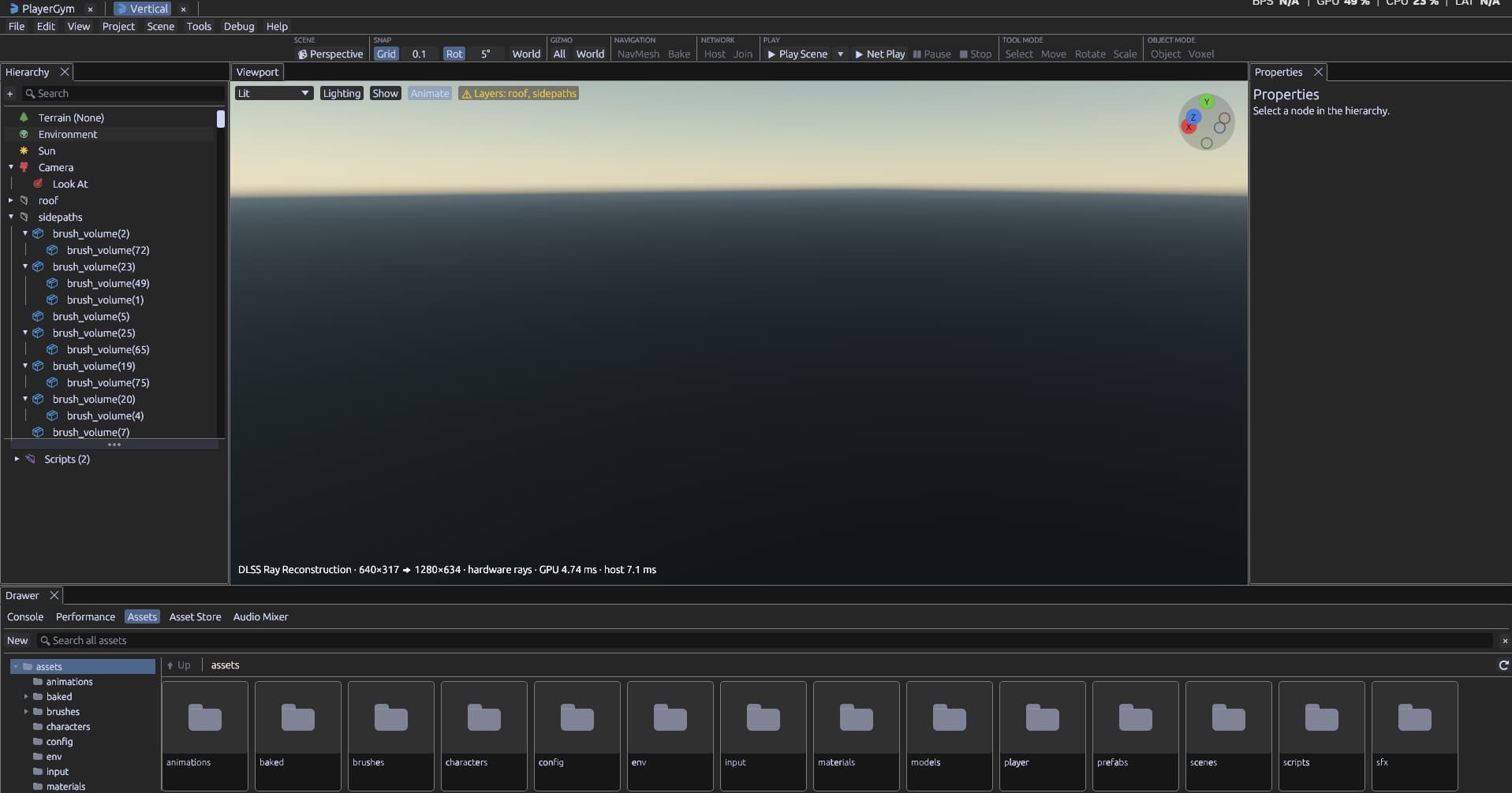 Gemu editor interface with the scene hierarchy, viewport, properties and asset browser