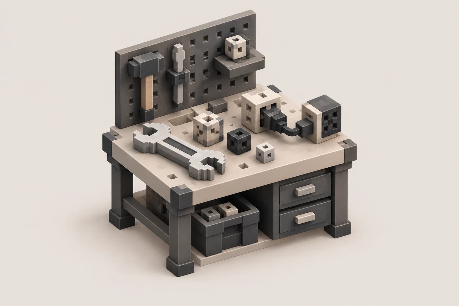 Voxel concept of a workbench with modular blocks, a wrench and connectors