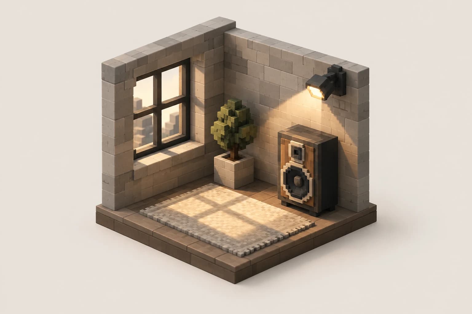 Voxel concept of a room with geometric light, shadows and a speaker