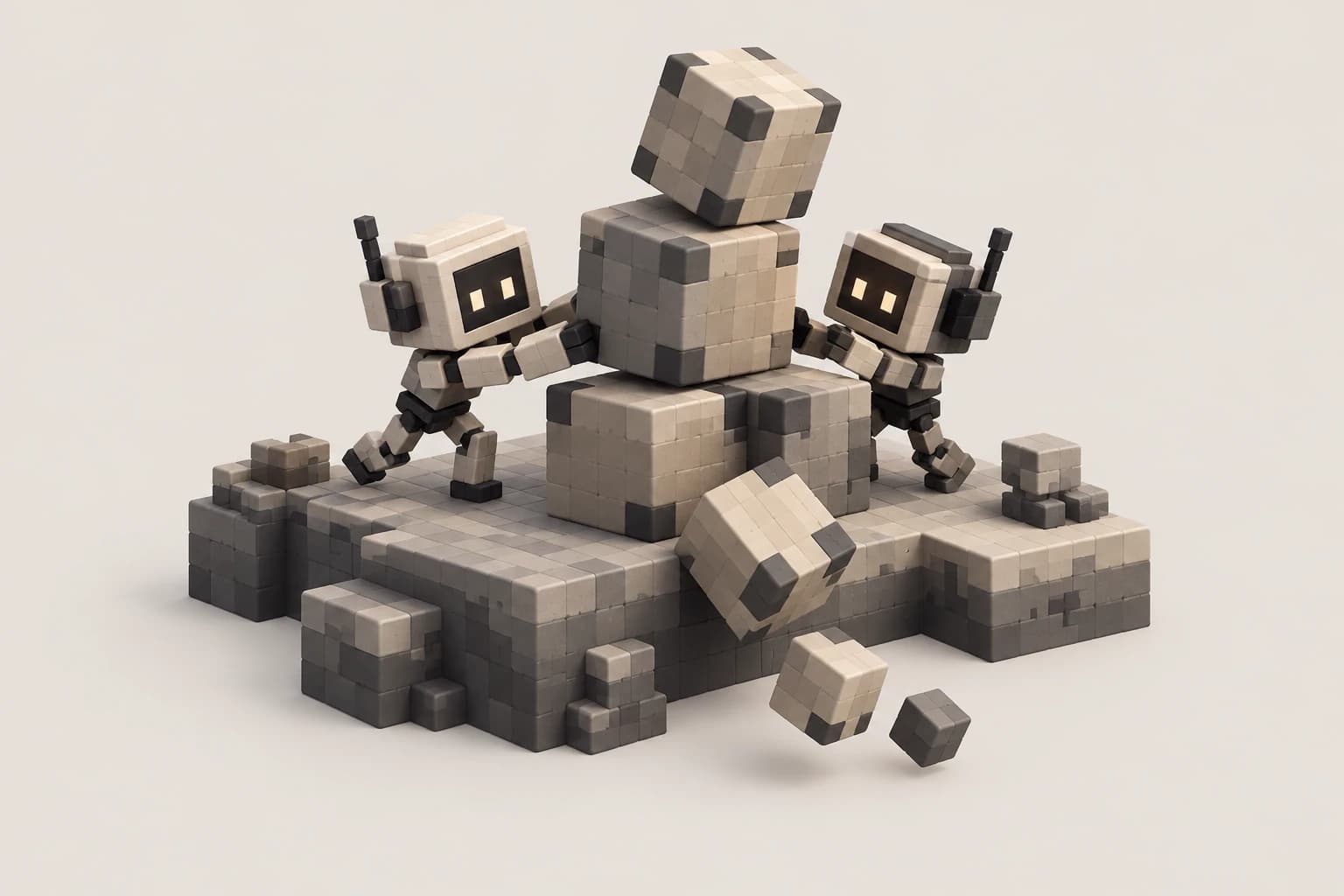 Voxel concept of two robot players balancing and moving a stack of cubes