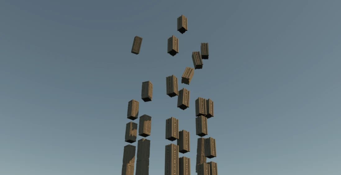 Floating voxel blocks arranged against the sky