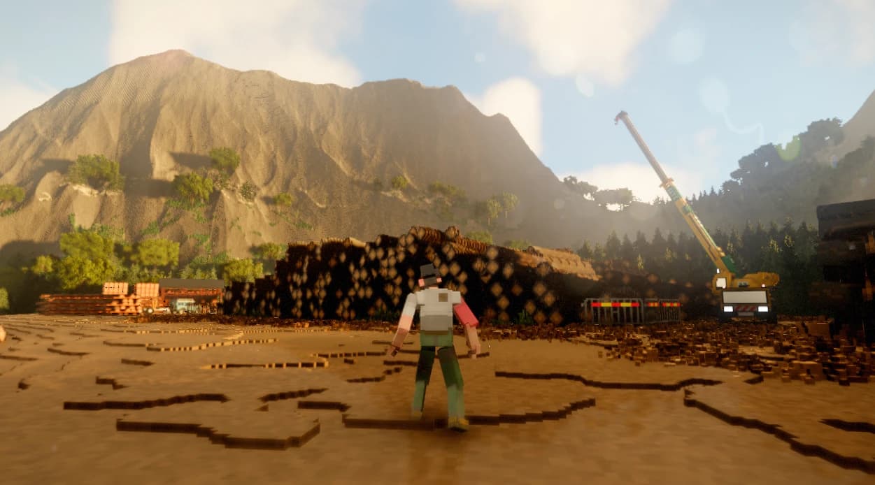 Third-person character in a voxel mountain landscape with a timber yard and crane