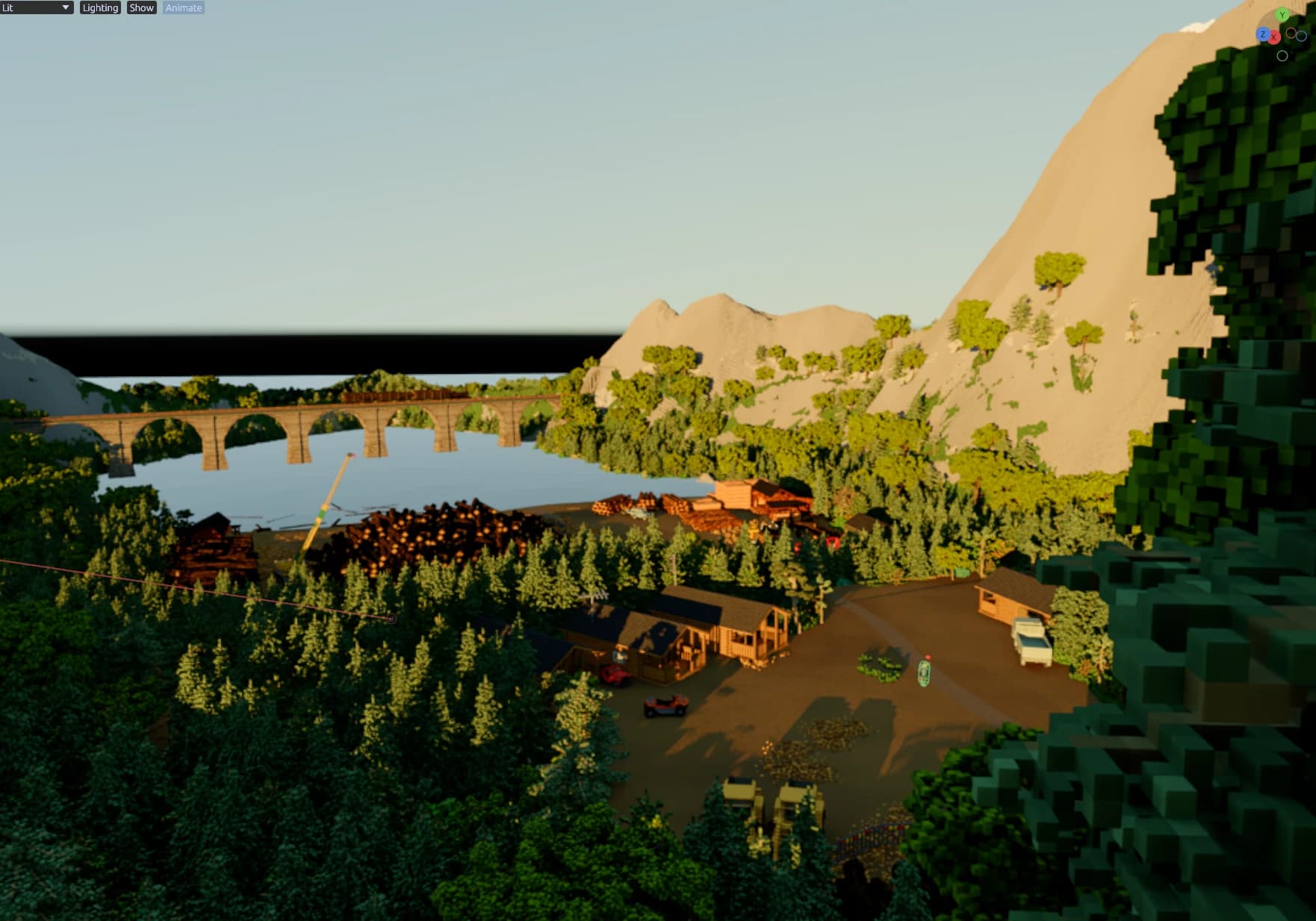 Gemu world overview showing a forest, mountain, riverside buildings and a bridge
